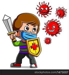 A boy wearing mask fight corona virus. Sword and shield of illustration