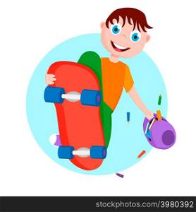 A boy with a skateboard in a jump. The boy hurries to school and holds a knapsack with books.