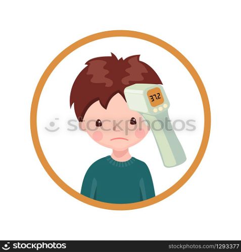 A boy with contactless infrared thermometer isolated on white background.Illustration in flat cartoon style. Vector illustration.. A boy with contactless infrared thermometer isolated on white background.