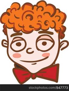 A boy with head of curly hair is wearing a red neck bow tie vector color drawing or illustration