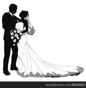 A bride and groom on their wedding day about to kiss in silhouette