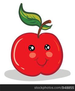 A bright colorful red apple with a single leaf, vector, color drawing or illustration.