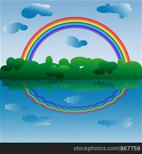 A bright rainbow of seven colors above the forest and water, a rainbow and clouds are reflected in the water. Landscape, landscape, reflection.. A bright rainbow of seven colors above the forest and water, a rainbow and clouds are reflected in the water. Landscape, landscape, reflection