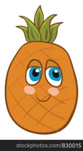 A bright ripe orange colored pineapple with green leaves on the top having big blue eyes and a smiley face vector color drawing or illustration