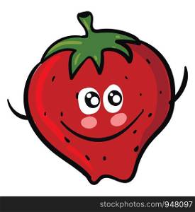 A bright strawberry in red colour with a happy face , vector, color drawing or illustration.