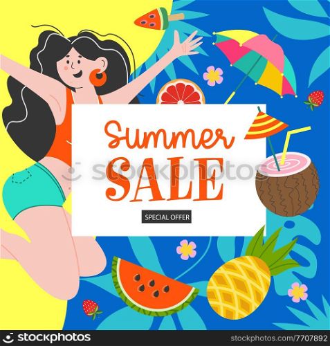 A bright summer banner template, a poster for a seasonal sale. Vector illustration of a cheerful girl, tropical leaves, juicy fruits and a coconut cocktail.. Summer sale. Bright colorful summer vector illustration, advertising poster.