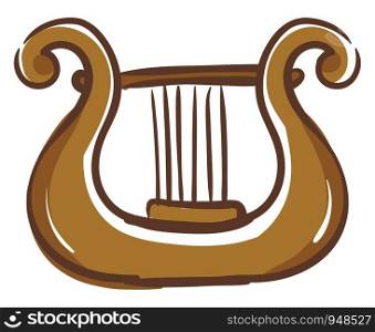 A brown harp musical instrument, vector, color drawing or illustration.