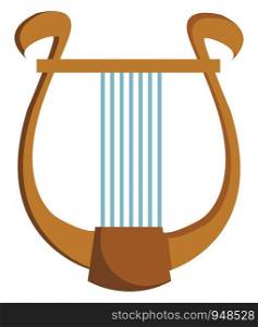 A brown harp musical instrument with blue strings, vector, color drawing or illustration.