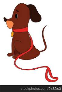 A brown puppy in a yellow pendant and the red collar has black ears bent downward, a projecting snout, and a long tail that stands upright, vector, color drawing or illustration.