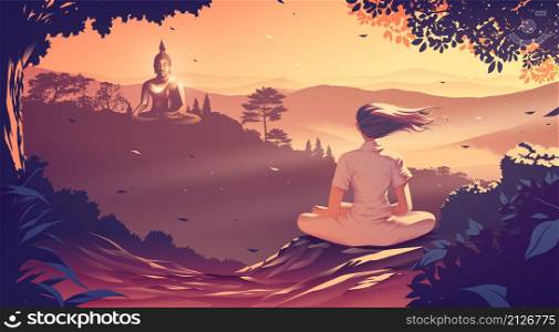 A Buddhism vector illustration of a young woman is meditating on the top of a mountain where she is facing another mountain where the buddha statue in sitting position on the peak of the mountain.