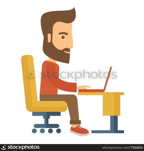 A buisnessman sitting infront of his laptop searching information in computer network. Searching concept. . A contemporary style. Vector flat design illustration with isolated white background. Square layout with text sapce in upper right side.. Businessman and his laptop.