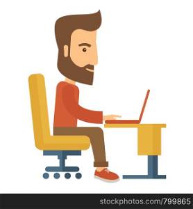A buisnessman sitting infront of his laptop searching information in computer network. Searching concept. . A contemporary style. Vector flat design illustration with isolated white background. Square layout with text sapce in upper right side.. Businessman and his laptop.