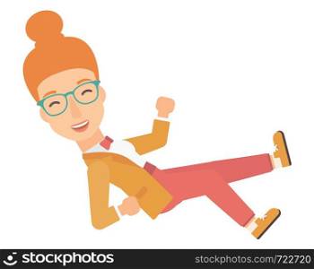A busines woman get thrown into the air by coworkers during celebration vector flat design illustration isolated on white background. . Successful busines woman during celebration.