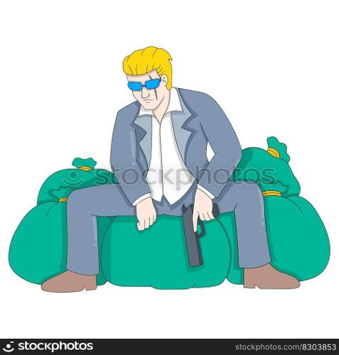 a business agent man is sitting on a rich money sack. vector design illustration art