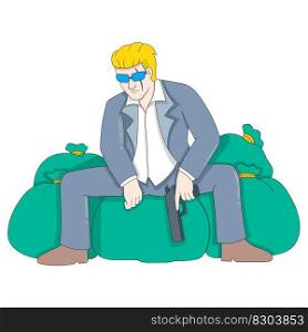 a business agent man is sitting on a rich money sack. vector design illustration art