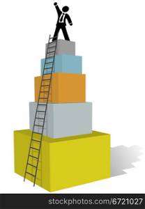 A business man climbs to success at top of promotion ladder.
