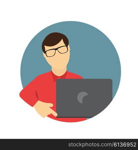 A Business Man wth Laptop Computer in Trendy Flat Style. Communication Concept. Vector Illustration. EPS10. A Business Man wth Laptop Computer in Trendy Flat Style. Communi