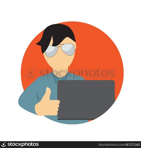 A Business Man wth Laptop Computer in Trendy Flat Style. Communication Concept. Vector Illustration. EPS10. A Business Man wth Laptop Computer in Trendy Flat Style. Communi
