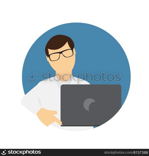 A Business Man wth Laptop Computer in Trendy Flat Style. Communication Concept. Vector Illustration. EPS10. A Business Man wth Laptop Computer in Trendy Flat Style. Communi