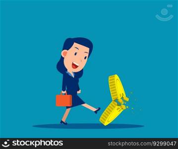 A business person kicking a coin. Worthless coins