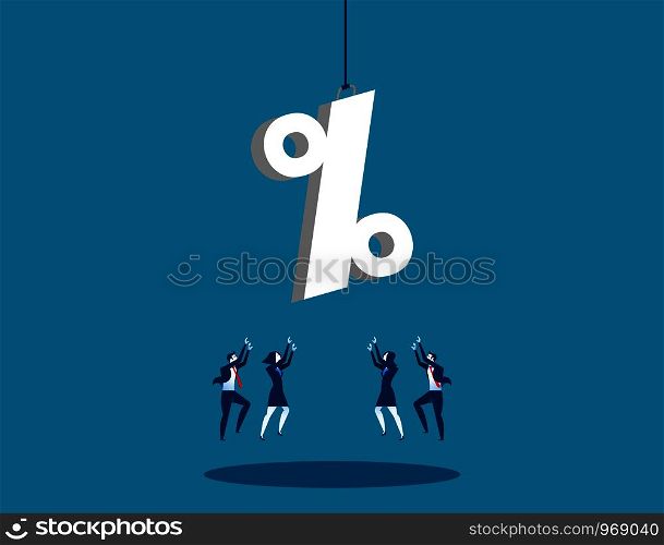 A business team reaching for percentage sign. Concept business success illustration. Vector flat.