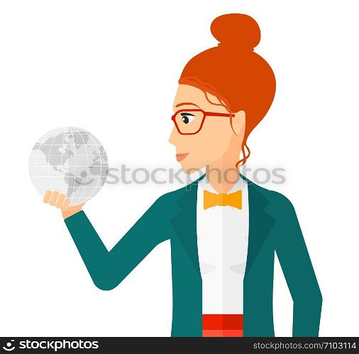 A business woman holding Earth planet in hand vector flat design illustration isolated on white background. . Woman holding globe.