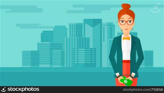 A business woman in handcuffs with money in hands on the background of modern city vector flat design illustration. Horizontal layout.. Woman handcuffed for crime.