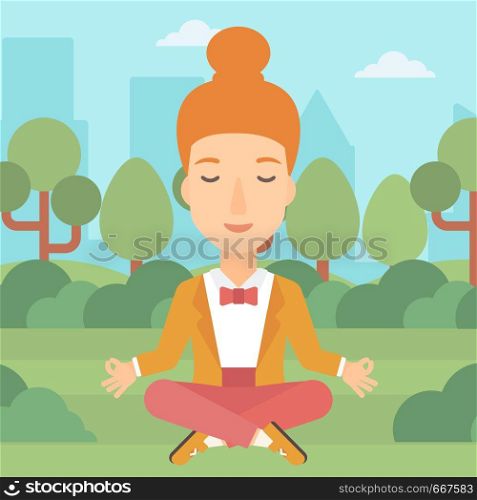 A business woman meditating in lotus pose in the park vector flat design illustration. Square layout.. Business woman meditating in lotus pose.