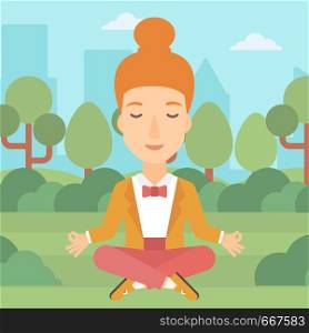 A business woman meditating in lotus pose in the park vector flat design illustration. Square layout.. Business woman meditating in lotus pose.