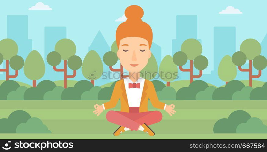 A business woman meditating in lotus pose in the park vector flat design illustration. Horizontal layout.. Business woman meditating in lotus pose.