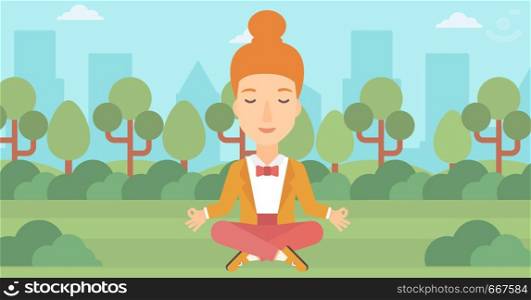 A business woman meditating in lotus pose in the park vector flat design illustration. Horizontal layout.. Business woman meditating in lotus pose.