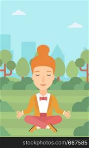 A business woman meditating in lotus pose in the park vector flat design illustration. Vertical layout.. Business woman meditating in lotus pose.