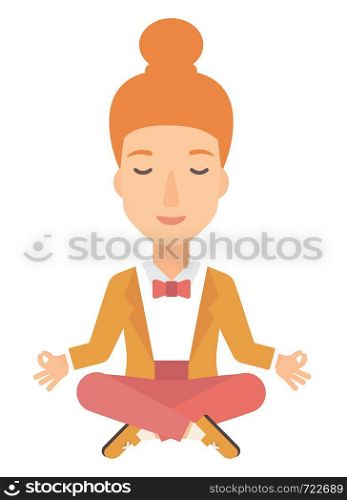 A business woman meditating in lotus pose vector flat design illustration isolated on white background. . Business woman meditating in lotus pose.