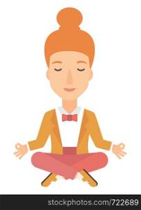 A business woman meditating in lotus pose vector flat design illustration isolated on white background. . Business woman meditating in lotus pose.