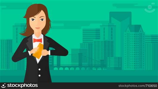 A business woman putting an envelope in her pocket on the background of modern city vector flat design illustration. Horizontal layout.. Woman putting envelope in pocket.