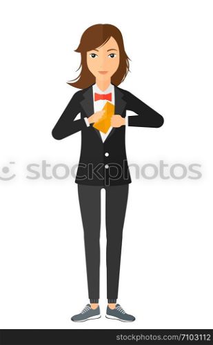 A business woman putting an envelope in her pocket vector flat design illustration isolated on white background. . Woman putting envelope in pocket.
