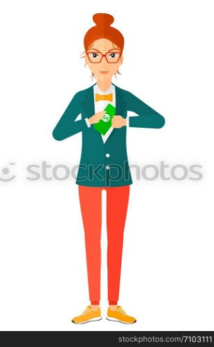 A business woman putting money in her pocket vector flat design illustration isolated on white background. . Woman putting money in pocket.