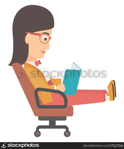 A business woman sitting in chair and reading a book vector flat design illustration isolated on white background. . Business woman reading book.