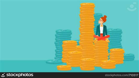 A business woman sitting on stack of golden coins and looking up to the biggest one on a blue background vector flat design illustration. Horizontal layout.. Business woman sitting on gold.