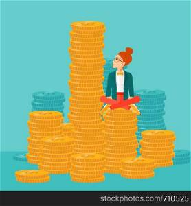 A business woman sitting on stack of golden coins and looking up to the biggest one on a blue background vector flat design illustration. Square layout.. Business woman sitting on gold.