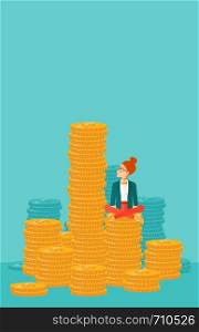 A business woman sitting on stack of golden coins and looking up to the biggest one on a blue background vector flat design illustration. Vertical layout.. Business woman sitting on gold.