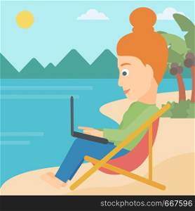 A business woman sitting on the beach in chaise lounge and working on a laptop vector flat design illustration. Square layout.. Business woman sitting in chaise lounge with laptop.