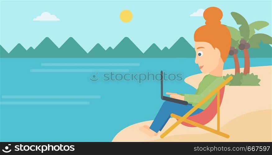 A business woman sitting on the beach in chaise lounge and working on a laptop vector flat design illustration. Horizontal layout.. Business woman sitting in chaise lounge with laptop.