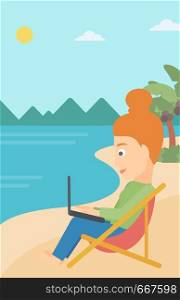 A business woman sitting on the beach in chaise lounge and working on a laptop vector flat design illustration. Vertical layout.. Business woman sitting in chaise lounge with laptop.