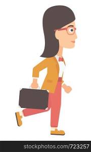 A business woman walking with a briefcase vector flat design illustration isolated on white background. . Business woman walking with briefcase.