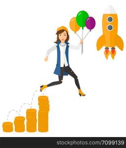 A business woman with balloons flying over golden coins graphs and a rocket flying nearby vector flat design illustration isolated on white background. . Successful business start up.