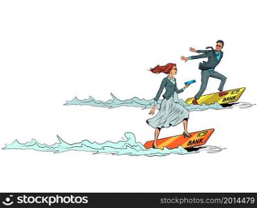 A businessman and a businesswoman are sailing. Competition of cash and electronic money on a plastic card. Pop art Retro vector illustration 50e 60 style. A businessman and a businesswoman are sailing. Competition of cash and electronic money on a plastic card