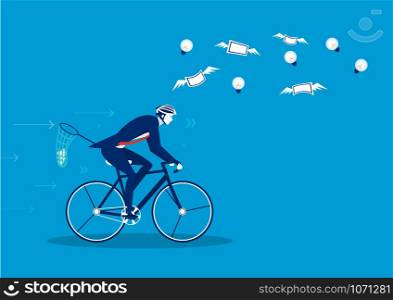 A businessman drive bike for catch money on the sky illustrator