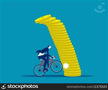 A businessman driving and colliding with a pile of coins