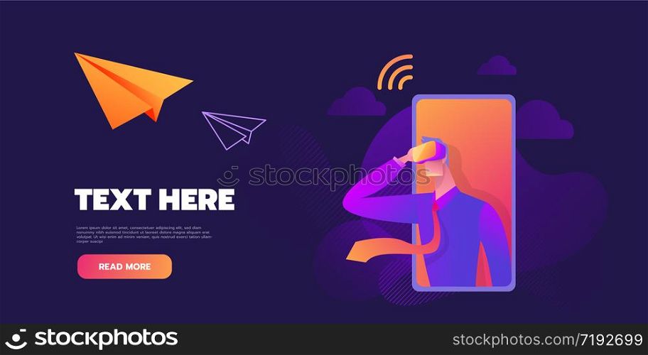 A businessman in formal suit with virtual reality headset. Flat vector illustration.. A businessman in formal suit with virtual reality headset. Flat vector illustration